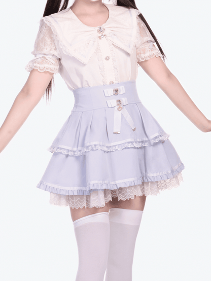Bows Tiered Skirt High Waist Jirai Light with Kei Blue