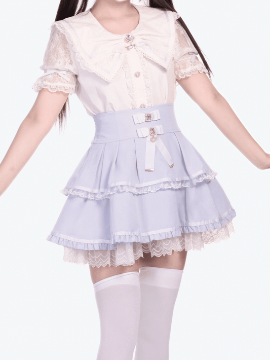 Bows Tiered Skirt High Waist Jirai Light with Kei Blue