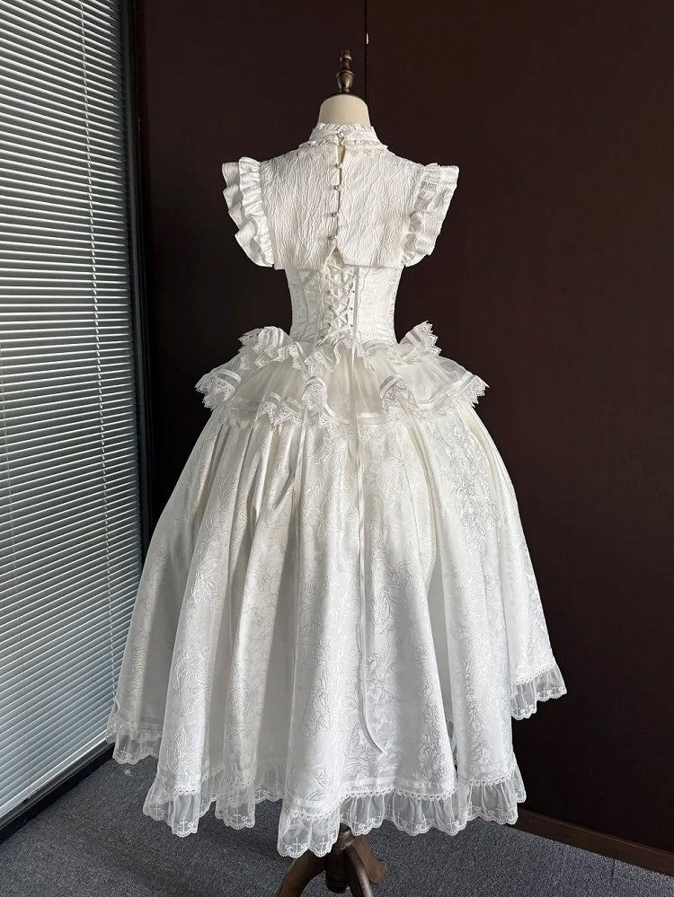 Gothic Lolita Boned Corset Top with Tiered Skirt and Collar in All White - Somnium Isle