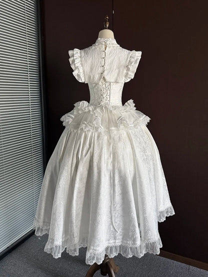 Gothic Lolita Boned Corset Top with Tiered Skirt and Collar in All White - Somnium Isle