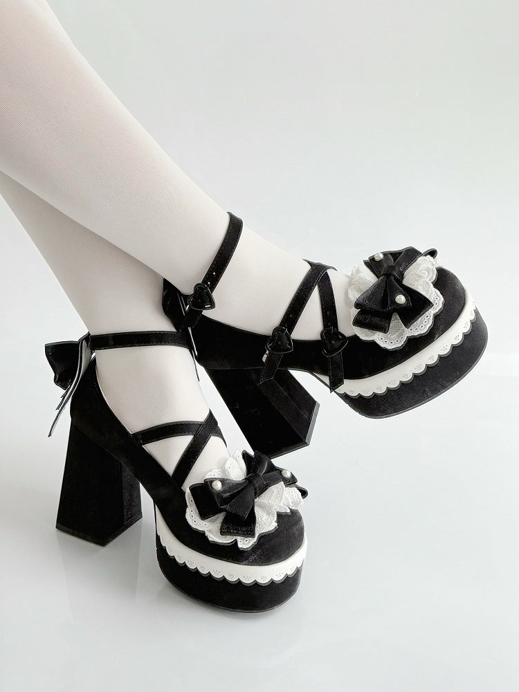 Embroidery Fork Lace Heels Bowknot Black High Straps Buckle Block Platform Lolita