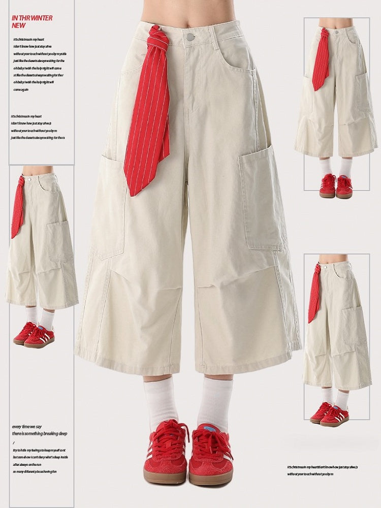 Shorts Loop Wide-Leg Scarf with Belt Beige Tie