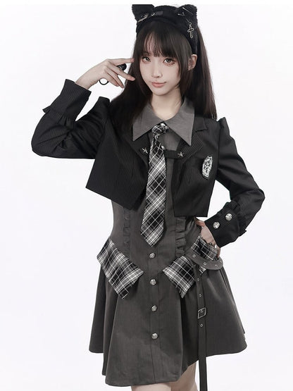 Ruffle Accent Gray Long Sleeve Preppy Dress with Plaid Tie & Shirt Collar - PINK SAVIOR