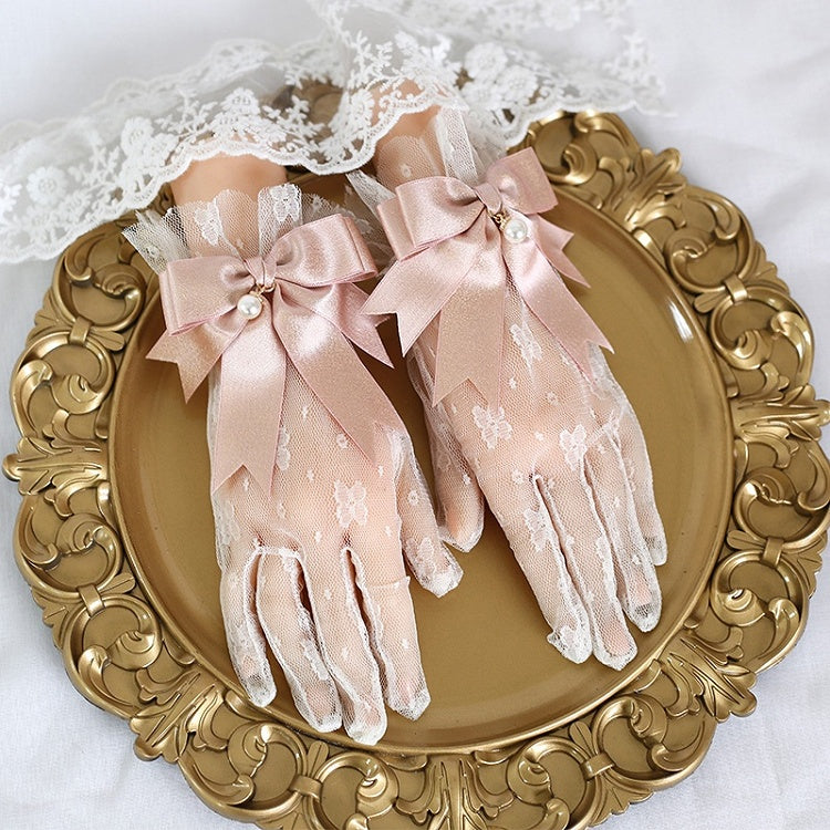 Pink Gloves Green Charms / Lace Bows Coffee Bead With Lolita Cute