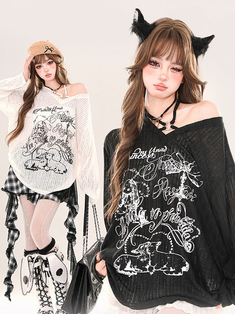 Locker sitzendes Neckholder-Stricktop mit Animalprint in Weiß/Schwarz