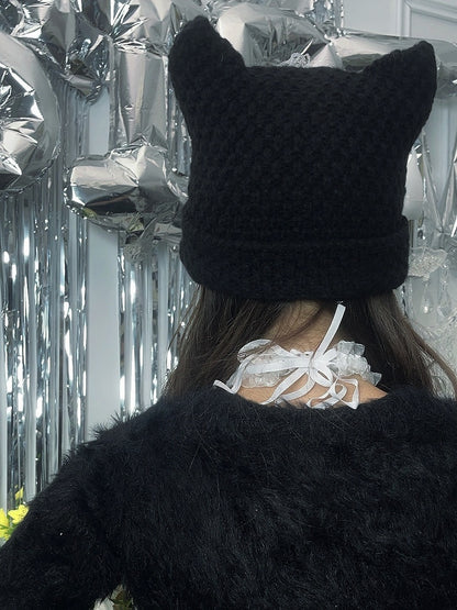 Punk Black Cat Ears Cross Patch Knit Hat