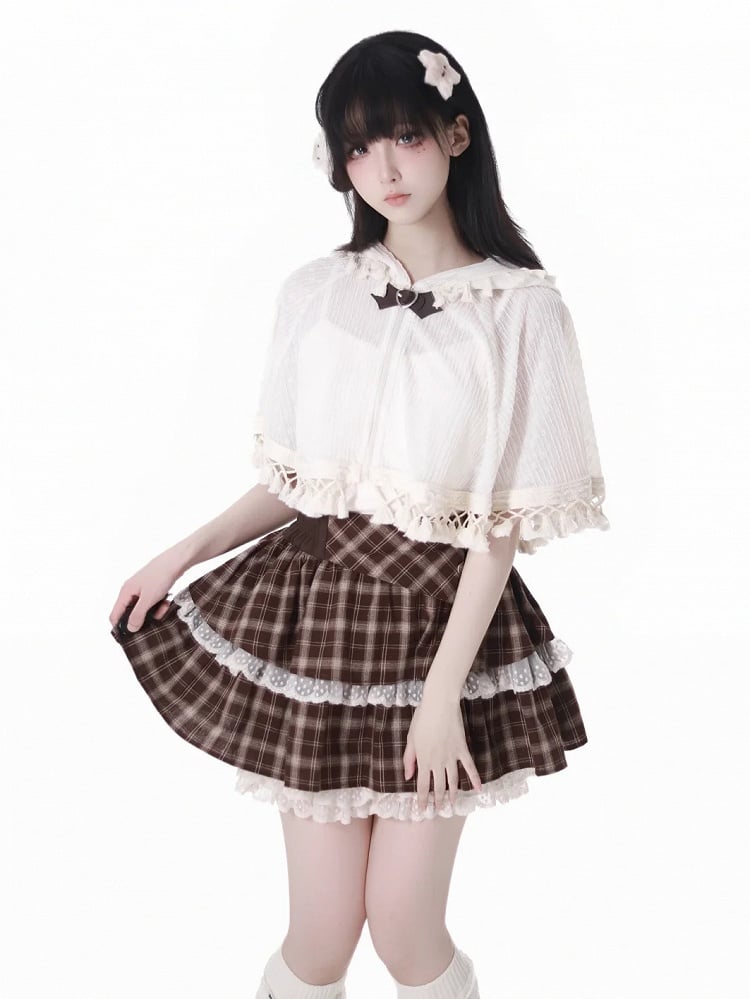 Brown Plaid Lace Trim Tiered Skort