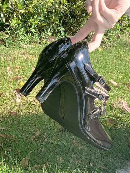 Heels Polished Lolita Black Triple Accent Classic PU High Leather Buckle in