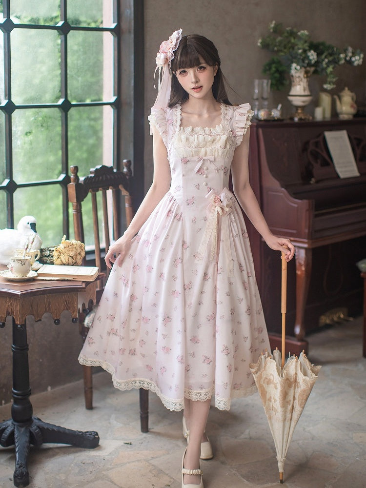 Graceful Pink Floral Lace JSK Dress with Brooch Set