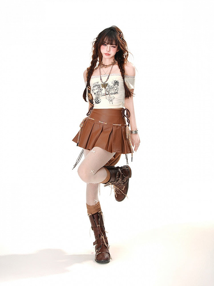 アプリコット/ブラウン オフショルダー ネックライン レーストリム ベアプリント グラマラス クロップドTシャツ