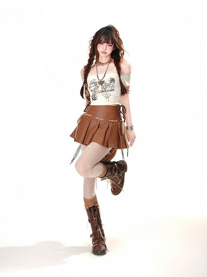 アプリコット/ブラウン オフショルダー ネックライン レーストリム ベアプリント グラマラス クロップドTシャツ