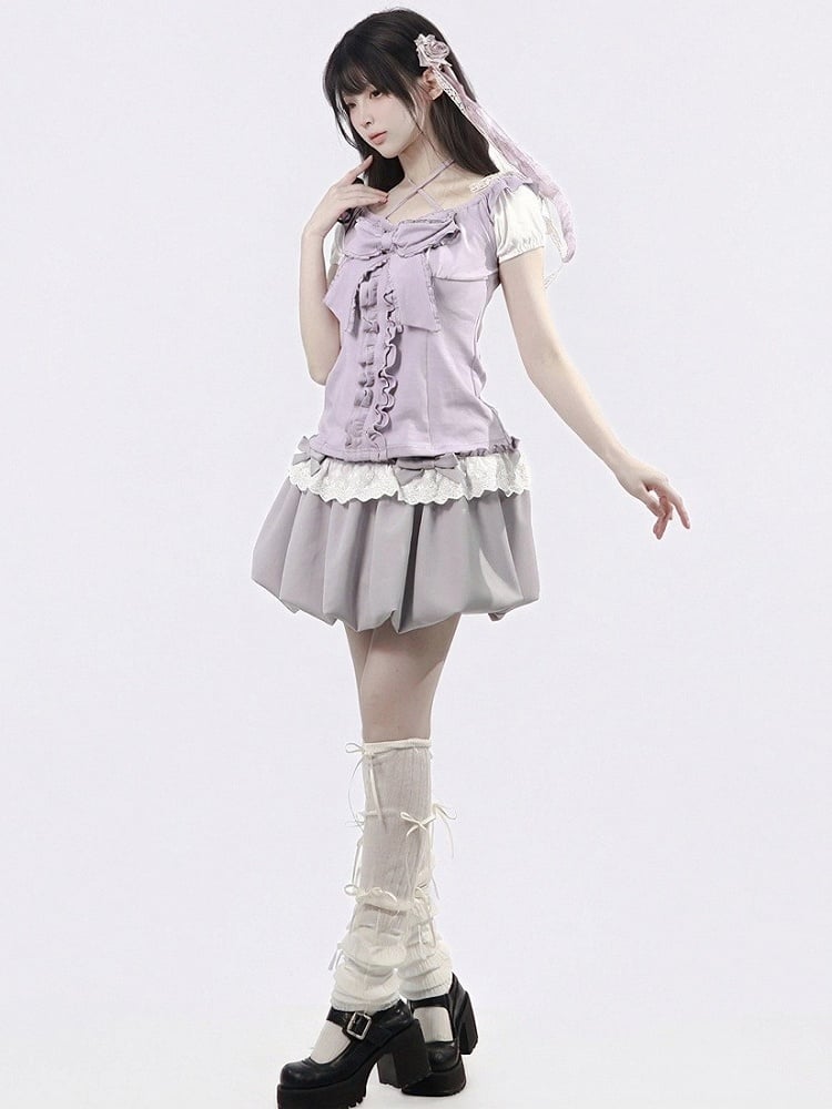 Gray Lace Trim Bubble Skirt with Bow - PINK SAVIOR
