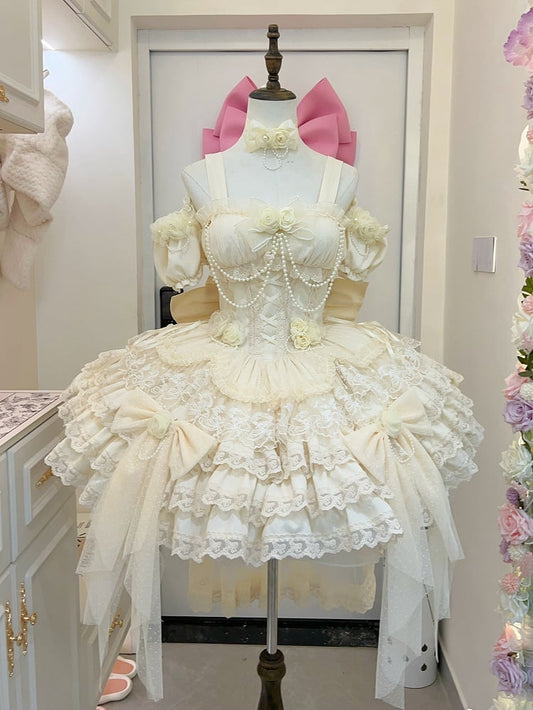 花嫁妖精ロリータフラワーバスクスカートジャンパーティアードウエストヘムベージュドレス