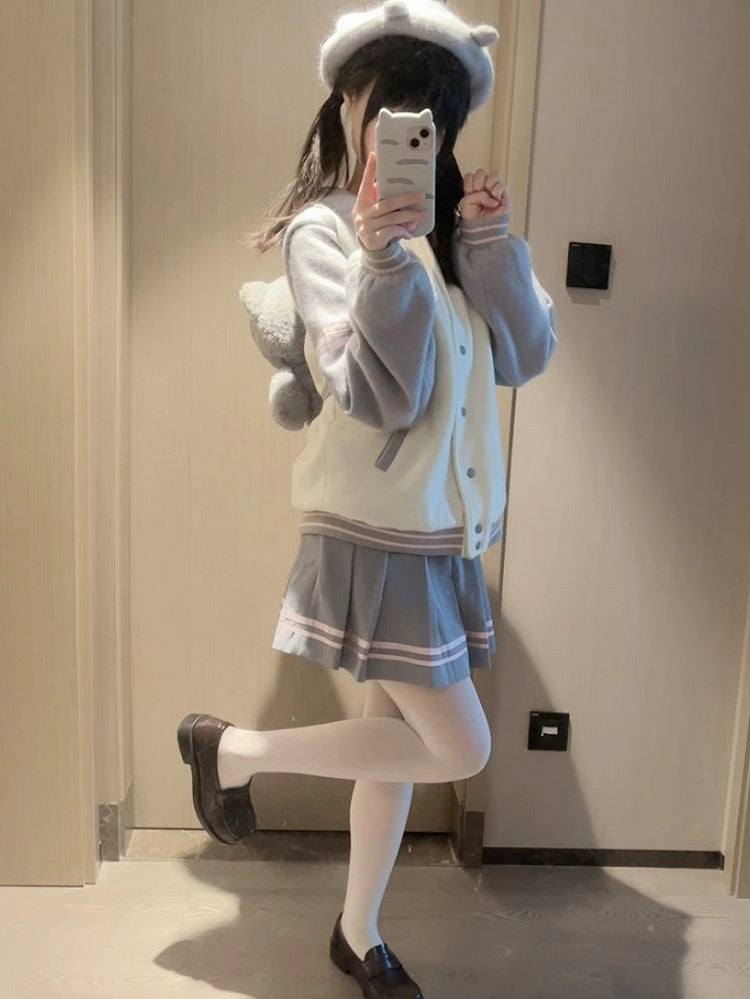 White and Gray Cat Hooded Woolen Baseball Jacket