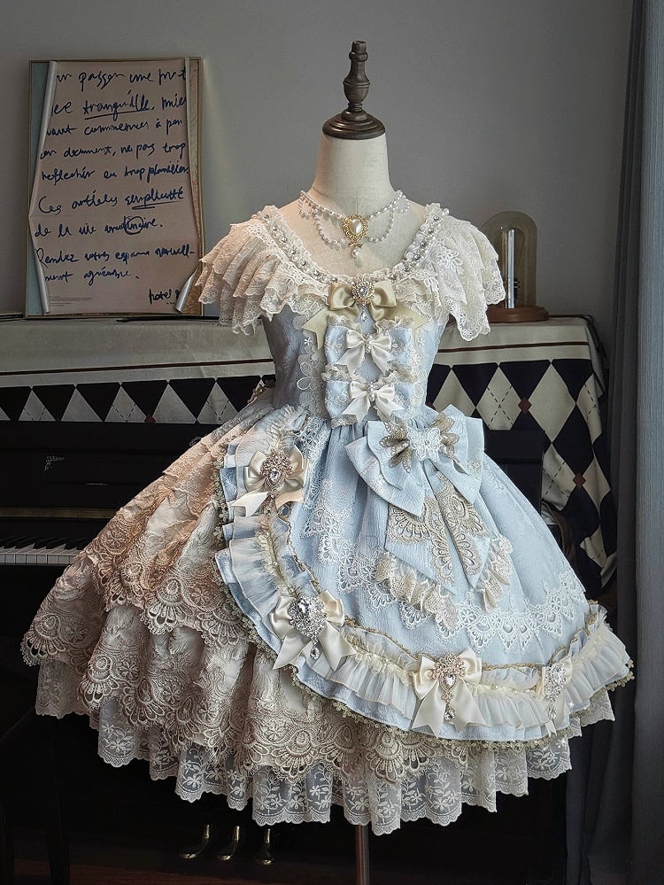 Princess Accents Bow Lolita Bead Blue Rhinestone Dress and