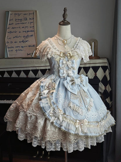 Princess Accents Bow Lolita Bead Blue Rhinestone Dress and