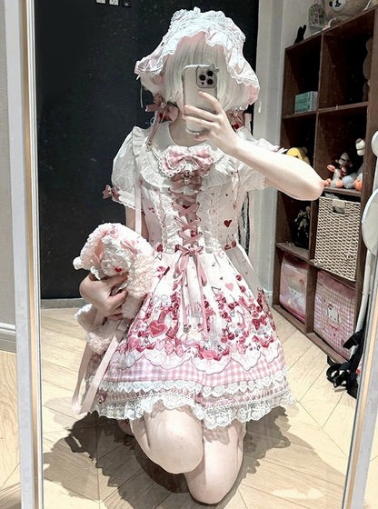 Pink Bunny and Cherry Print Short-Sleeve OP Dress with Matching Skirt - Doki Cherry