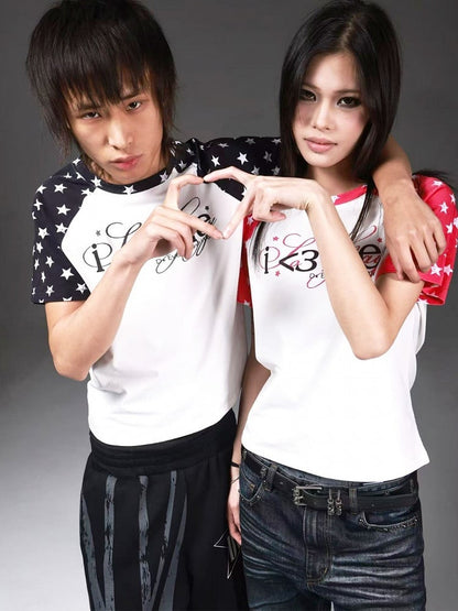 Gender-Neutral Star and Letter Print Short Sleeve Raglan Tee in Black and White - DETW OnLine