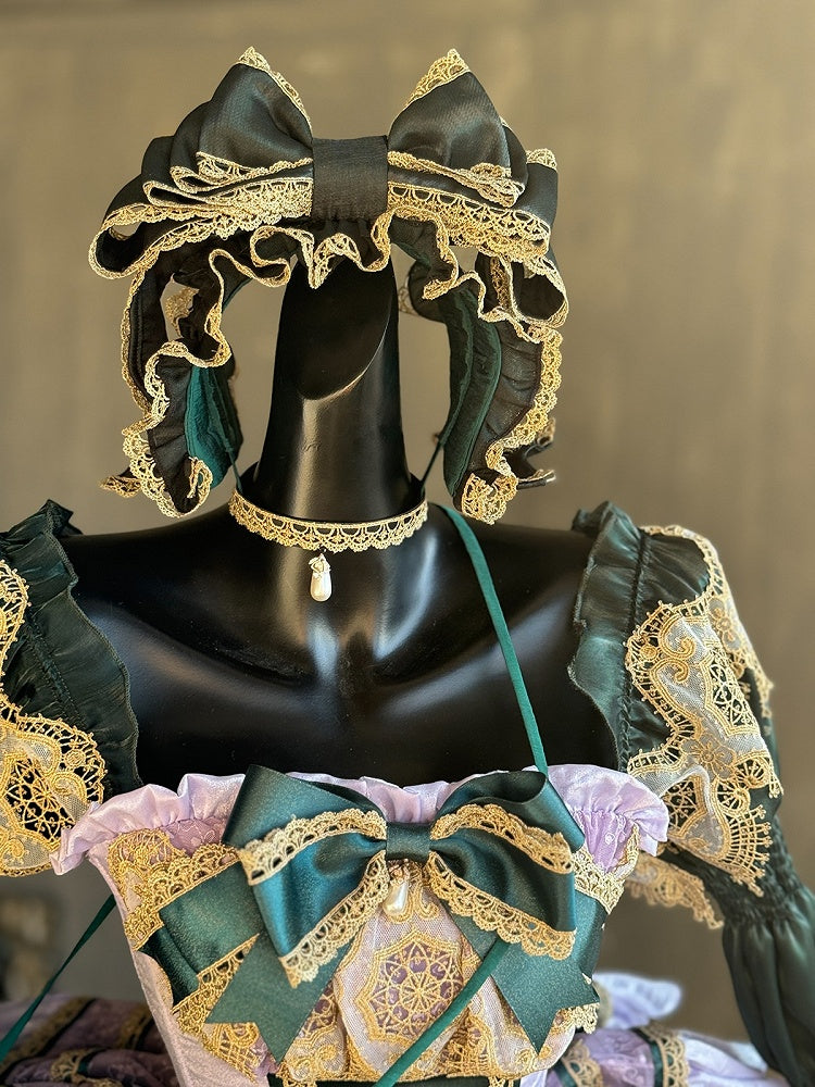 Layers Green Gold Light with Bow Accents and Purple Lace Dress Princess Trim Balletcore