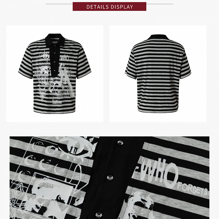 Dark Kawaii Black Striped Loose Short Sleeve T-shirt with Graffiti Print - KNOW8 Online Shop