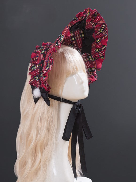 Christmas Red Plaid Ruffled Brim Bonnet