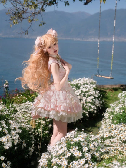 Sakura Pink Corset Waist Qi Lolita Dress with Big Bow Cherry Blossom Festival Outfit