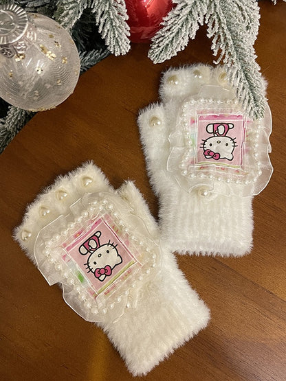 Schwarz/Weiße Plüschhandschuhe mit süßem Kätzchen-Print, Herzperlen, Spitzendetails