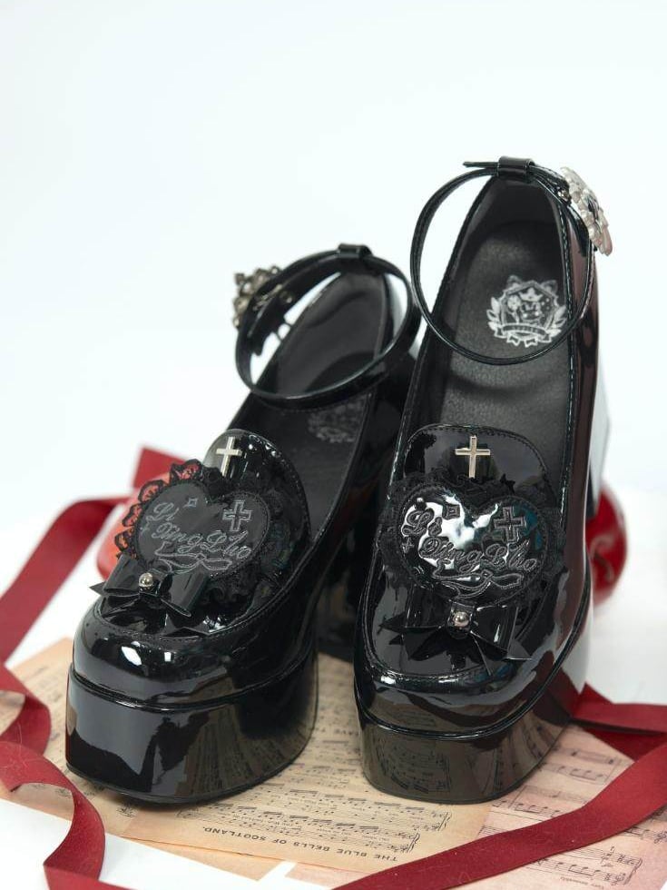 Detachable Heels High Patch Polished Cross Black Block Silver Platform Heart with Lace-trimmed Gothic Decoration