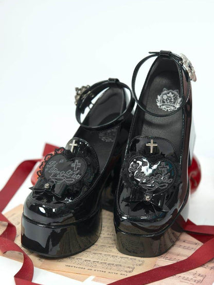 Detachable Heels High Patch Polished Cross Black Block Silver Platform Heart with Lace-trimmed Gothic Decoration