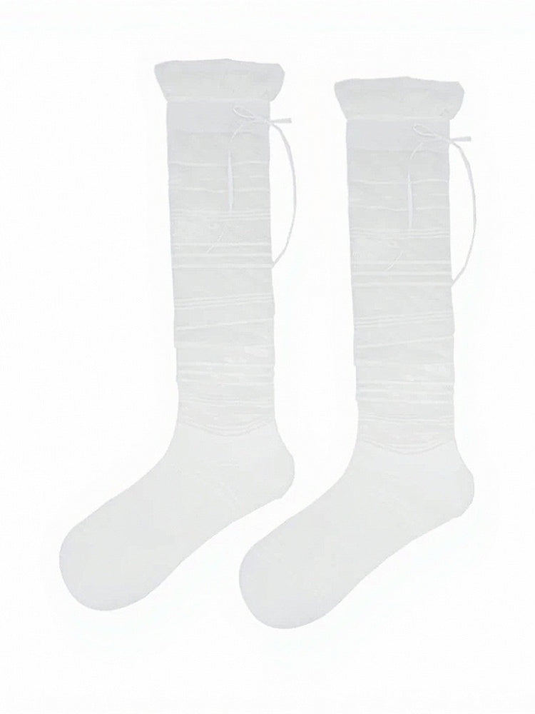 Sheer Bow Calf Socks with Stripe Pattern - ModaSwings