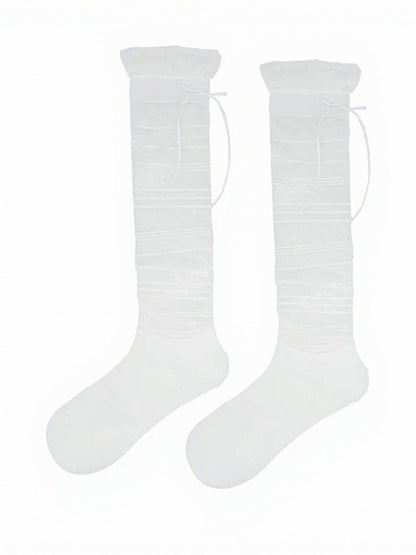 Sheer Bow Calf Socks with Stripe Pattern - ModaSwings