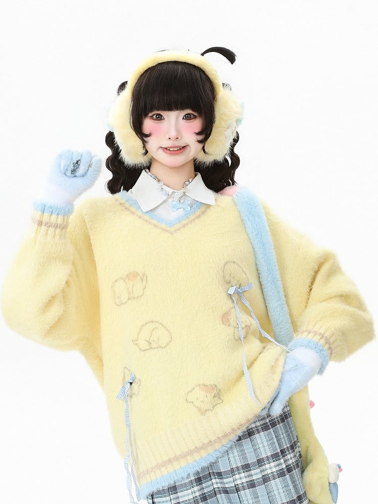 with Pattern Kawaii Dog V-neck Daily Clips Bow-shaped Yellow/Blue Sweater