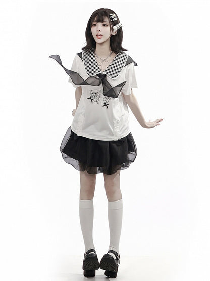 White Gingham Peter Pan Collar Tee with Cartoon Print - PINK SAVIOR