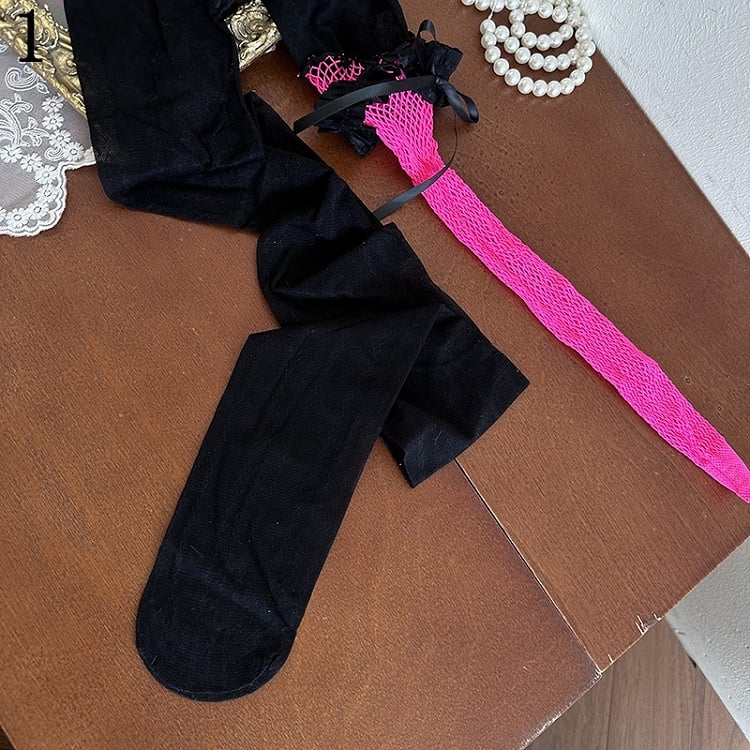 Asymmetrical Floral Bowknot Black Underknee Tights/Pink Fishnet Socks/Black Stockings Pattern Design Feather Pink