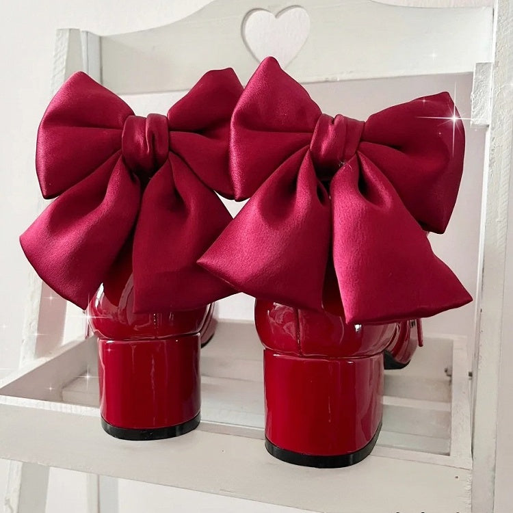 Accent Bow Crisscross Heels Mid Red Design Sweet Toe Round - Lolita