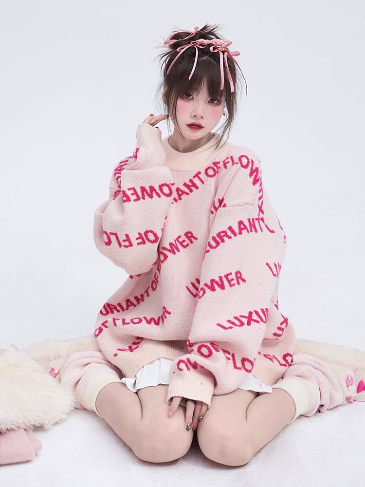 Vibrant Lettering Crewneck Pullover Sweater with Knit Pink