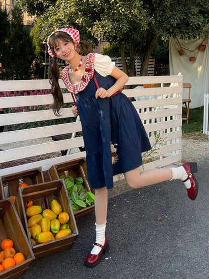 Bunny and Mushroom Embroidery Red Navy Blue Sleeveless Dress Neckline Plaid