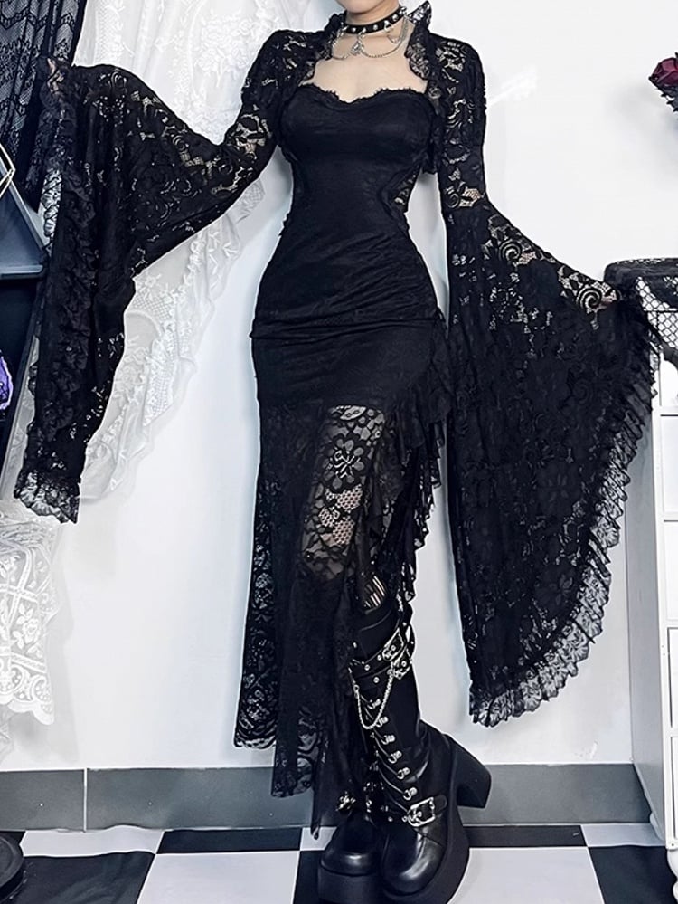 Black Lace Shrug Embroidery Sleeve Floral Trim Bell Gothic Halloween with