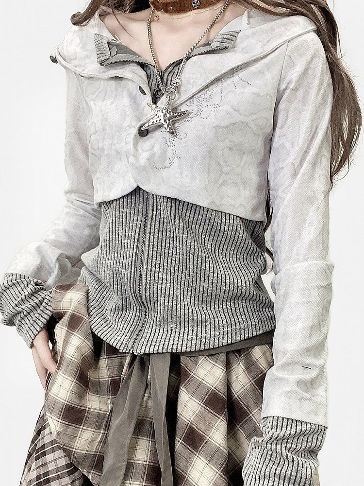 Fake Hooded Gray Design Striped Two-Piece Top Y2K