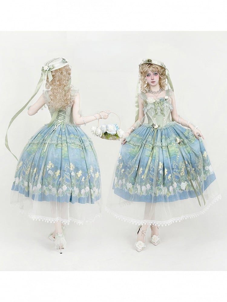 Elegant Green Oil Painting Print Lolita Jumper Skirt Dress with Bustier-Style Boned Bodice - Haw Berry