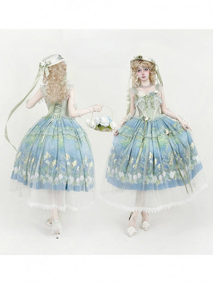 Elegant Green Oil Painting Print Lolita Jumper Skirt Dress with Bustier-Style Boned Bodice - Haw Berry