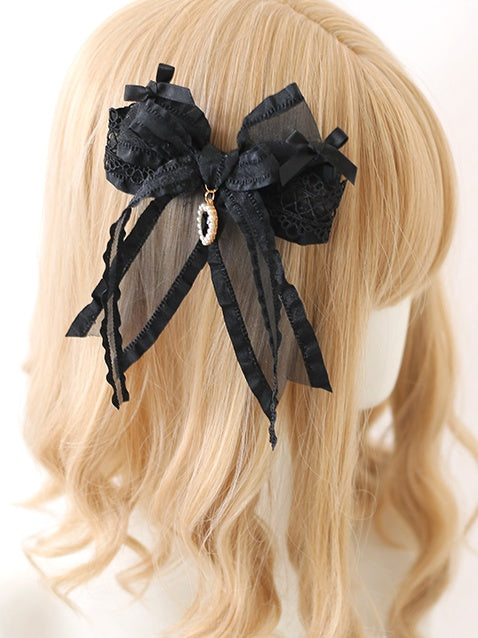 Bowknot Lace With Black Lolita Hairclip Charm Heart