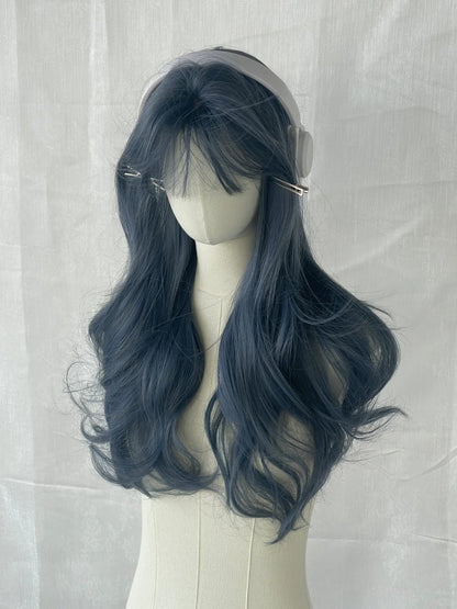 with Bangs Wavy Dusty 65CM Blue Wig