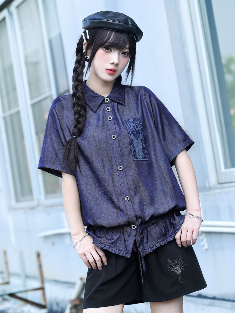 Gothic Purple Shirt with Sea Lily Applique & Drawstring Hem - Quirky Hut
