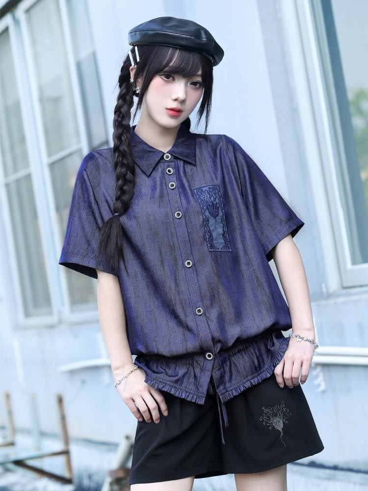 Purple Short Sleeve Shirt with Sea Lily and Drawstring - Quirky Hut
