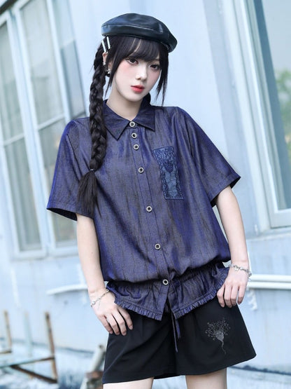 Purple Short Sleeve Shirt with Sea Lily and Drawstring - Quirky Hut
