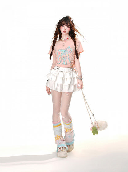 Glamorous Bowknot Schwarz/Gelb/Pink Cropped T-Shirt Kordelzug Taille Akzent