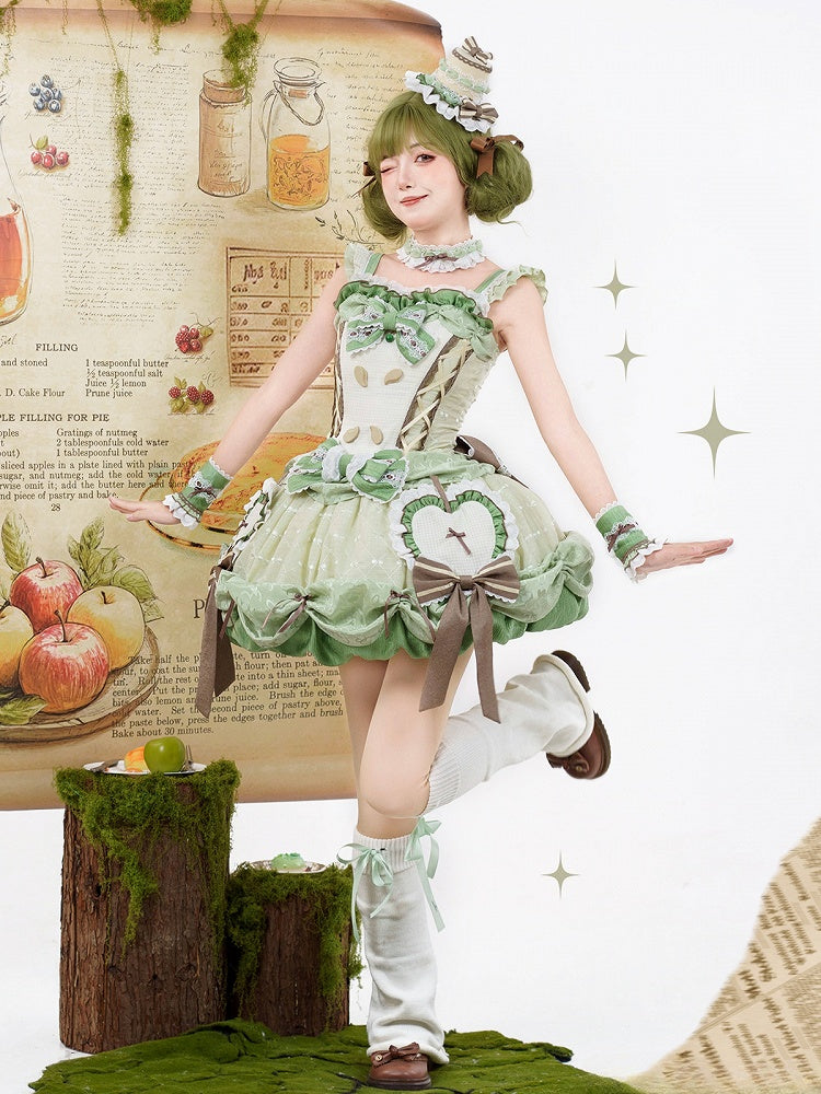 Stäbchenrock, Pullover, Bubble-Mieder, Korsett, Lolita-Applikation, Apfel, süßes Grün