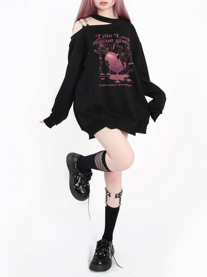 ブラックのカットアウトショルダーハート＆リボンプリントトップス