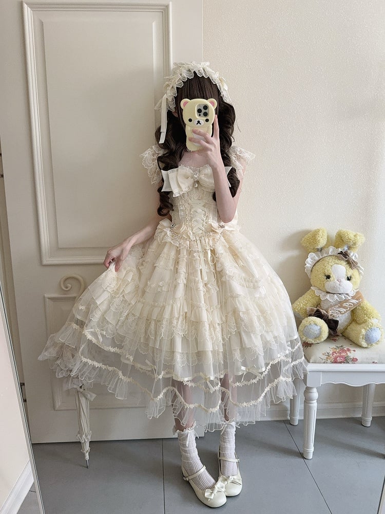 Bows Hanayome-Style Dress with + Apricot Rhinestone Full Details Gentle Lolita Overlay Set Multi-Layer / JSK Lace